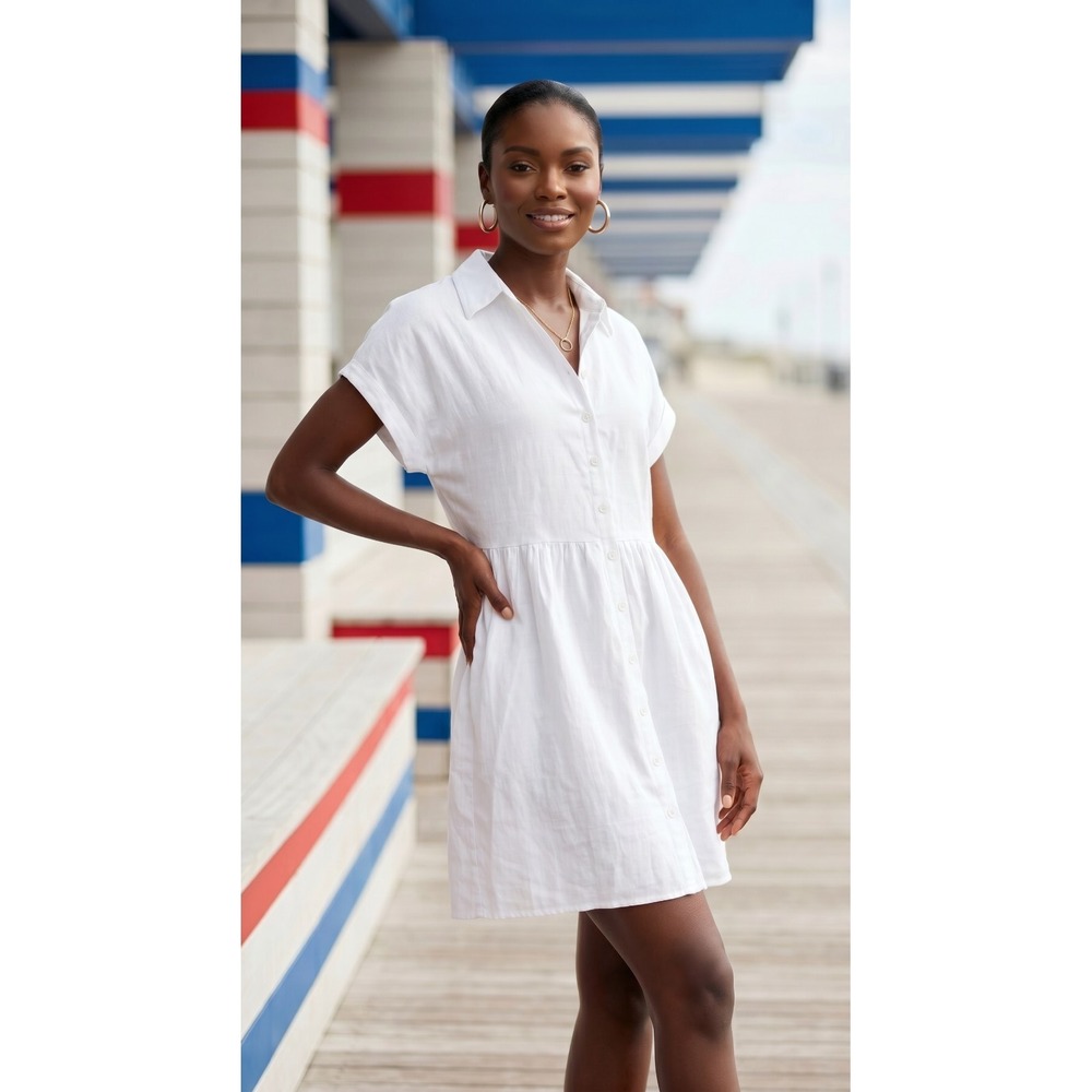 Womens White Guazy Cotton Babydoll Mini Shirt Dress Size L NWOT